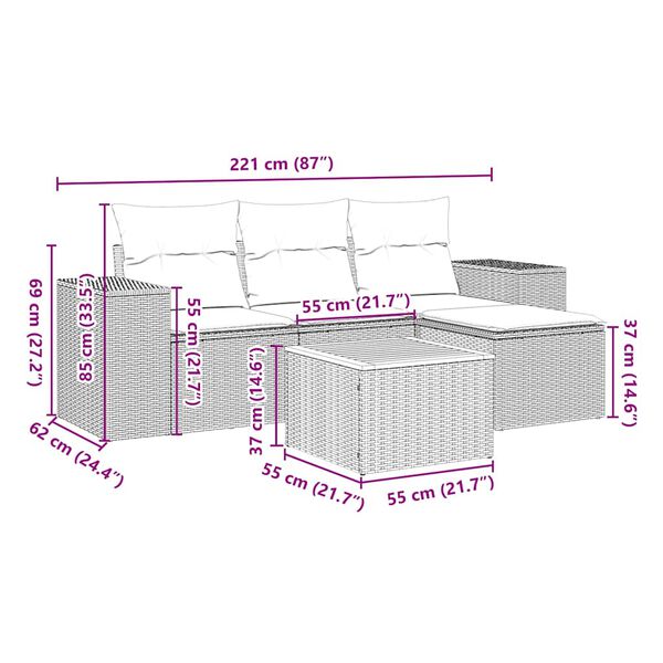 vidaXL 5-cz. zestaw wypoczynkowy do ogrodu, poduszki, czarny rattan PE