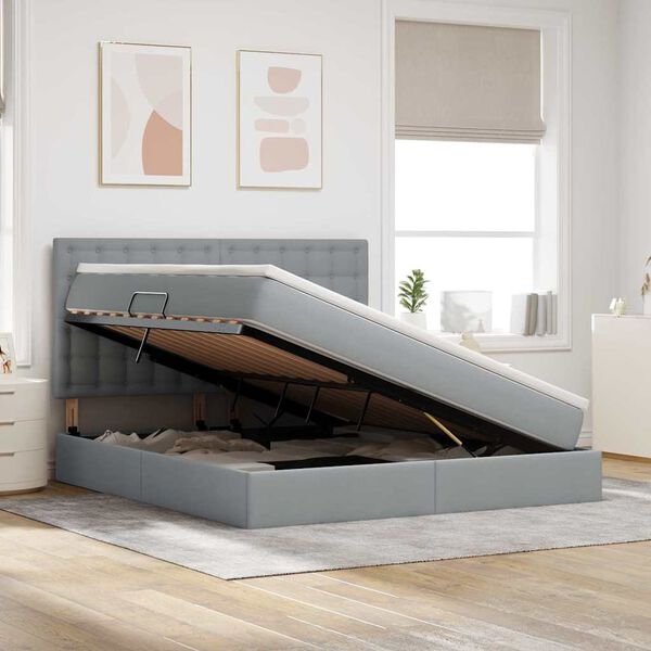 vidaXL Ł&oacute;żko z miejscem na przechowywanie i LED Jasnoszary Poliester