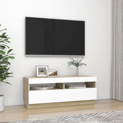vidaXL Szafka TV z oświetleniem LED, biel i dąb sonoma, 100x35x40 cm