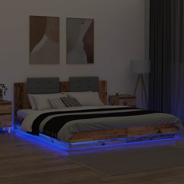 vidaXL Rama ł&oacute;żka z wezgłowiem Ze LED Lights Stare drewno 200 x 200 cm