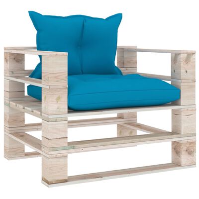vidaXL Sofa ogrodowa z palet, z niebieskimi poduszkami, drewno sosnowe