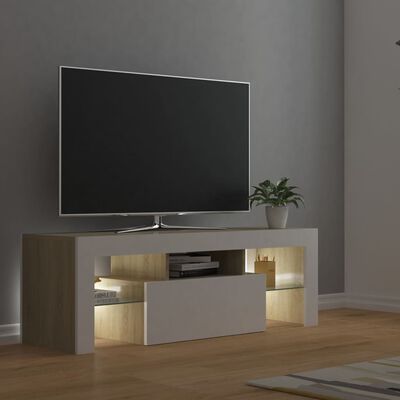 vidaXL Szafka TV z oświetleniem LED, biel i dąb sonoma, 120x35x40 cm