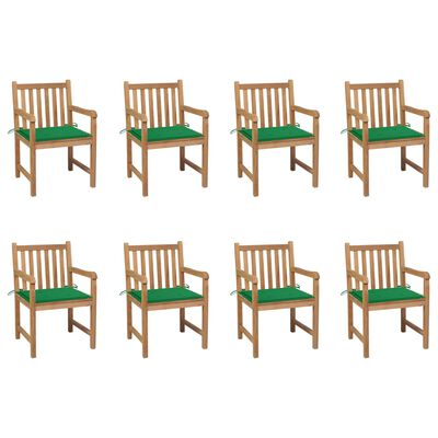 vidaXL Krzesła ogrodowe 8 szt., z zielonymi poduszkami, drewno tekowe