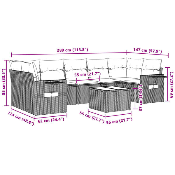vidaXL 8-cz. zestaw mebli ogrodowych, poduszki, jasnoszary polirattan