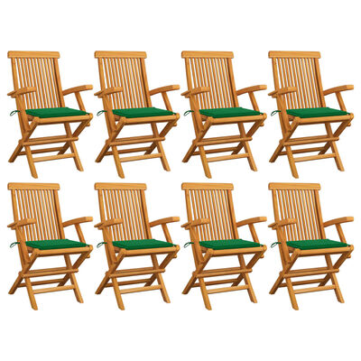 vidaXL Krzesła ogrodowe z zielonymi poduszkami, 8 szt., drewno tekowe