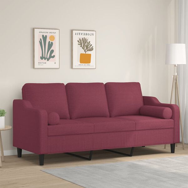 vidaXL 3-osobowa sofa z poduszkami, winna czerwień, 180 cm, tkanina