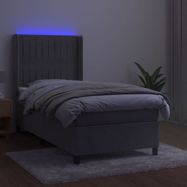 vidaXL Ł&oacute;żko kontynentalne z materacem i LED, szare 90x190 cm, aksamit