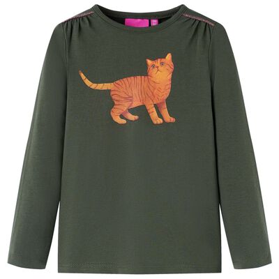 Koszulka dziecięca z długimi rękawami, z kotem, khaki, 92