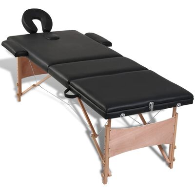 vidaXL Składany stół do masażu z drewnianą ramą, 3 strefy, czarny