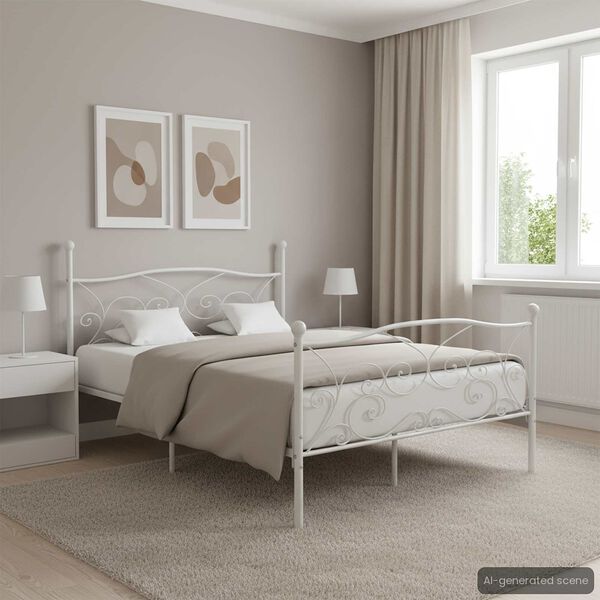 vidaXL Rama łóżka ze stelażem z listw, biała, metalowa, 140 x 200 cm