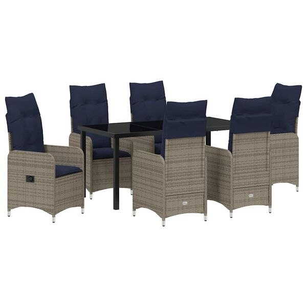 vidaXL Zestaw st&oacute;ł i krzesła z poduszką 7 pcs Szary Rattan PE