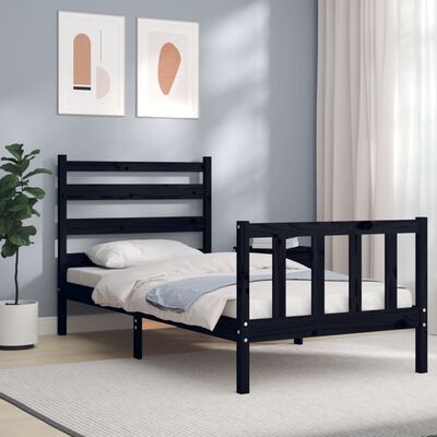 vidaXL Rama łóżka z wezgłowiem, czarna, 90x190 cm, lite drewno