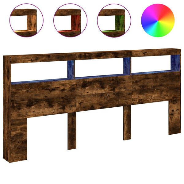vidaXL Zagłówek z półkami i LED, przydymiony dąb, 220x17x102 cm