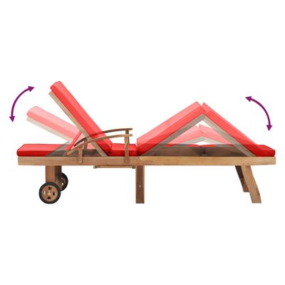 vidaXL Leżak z poduszką, lite drewno tekowe, czerwony