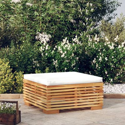 vidaXL Podnóżek ogrodowy z kremową poduszką, lite drewno tekowe