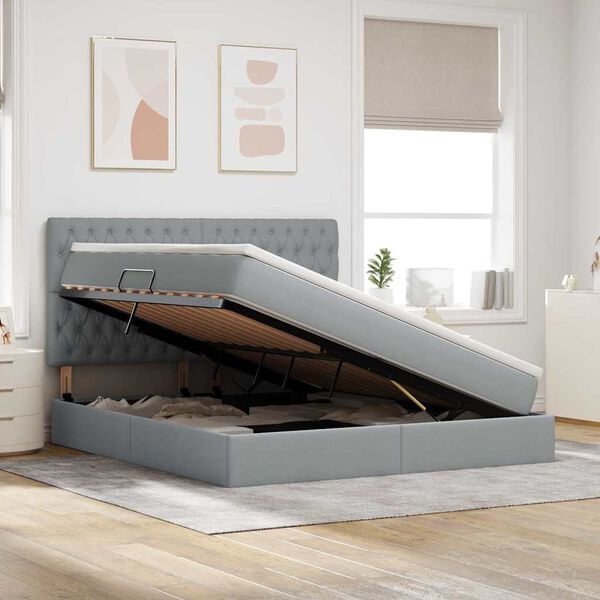 vidaXL Ł&oacute;żko z miejscem na przechowywanie i LED Jasnoszary Poliester