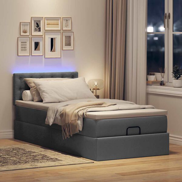 vidaXL Ł&oacute;żko Ottoman z materacem i LED, ciemnoszary, 80x200cm, tkanina