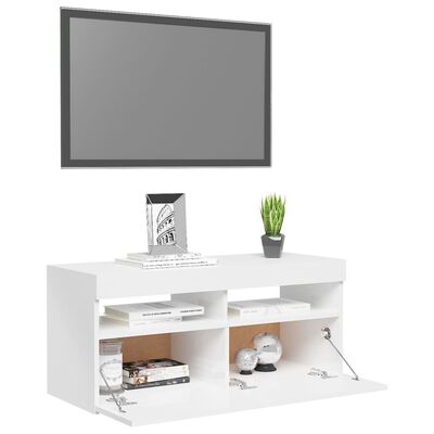 vidaXL Szafka TV z oświetleniem LED, wysoki połysk, biała, 90x35x40 cm