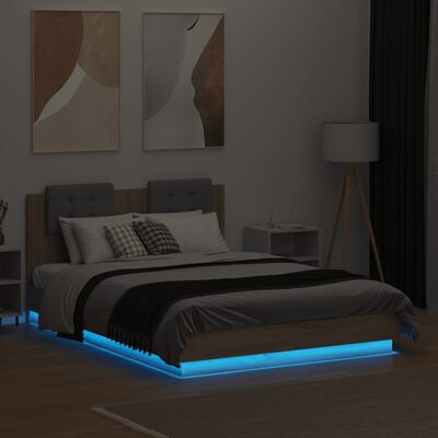 vidaXL Rama łóżka z wezgłowiem i LED, dąb sonoma, 135x190 cm