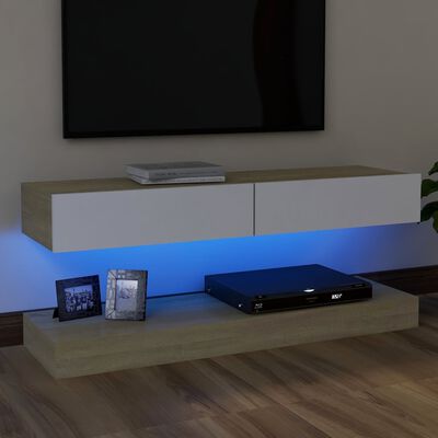 vidaXL Szafka pod TV z oświetleniem LED, biel i dąb sonoma, 120x35 cm