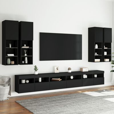 vidaXL 7-cz. zestaw ściennych szafek TV z oświetleniem LED, czarny