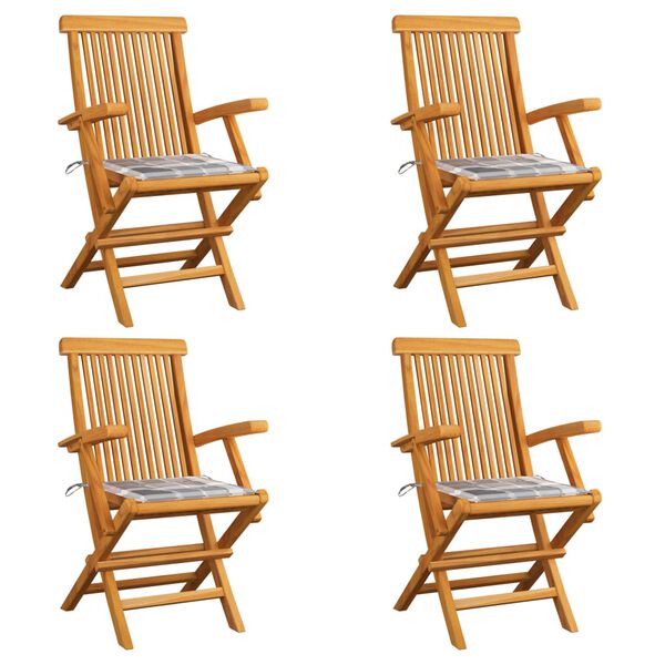 vidaXL Krzesła ogrodowe z poduszkami w szarą kratę, 4 szt., tekowe