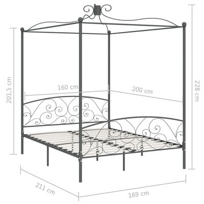 vidaXL Rama łóżka z baldachimem, szara, metalowa, 160 x 200 cm