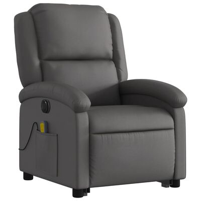 vidaXL Podnoszony fotel masujący, rozkładany, szary, skóra naturalna