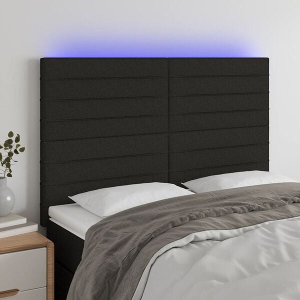 vidaXL Zagł&oacute;wek do ł&oacute;żka z LED, czarny, 144x5x118/128 cm, tkanina