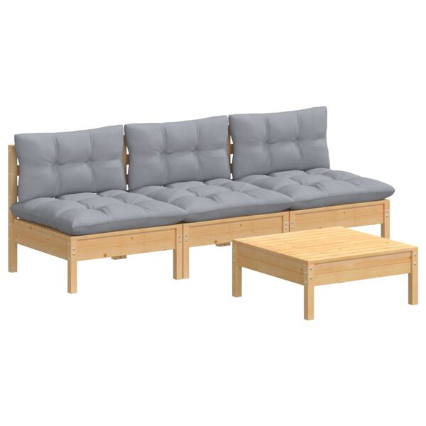 vidaXL 4-cz. zestaw wypoczynkowy do ogrodu, szare poduszki, sosnowy