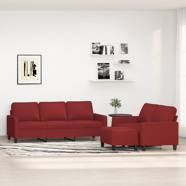 vidaXL 3-częściowy komplet wypoczynkowy, obity tkaniną, winna czerwień