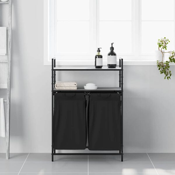 vidaXL Kosz na pranie 2 przegrody z p&oacute;łkami, szary dąb sonoma