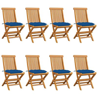 vidaXL Krzesła ogrodowe z niebieskimi poduszkami, 8 szt., tekowe