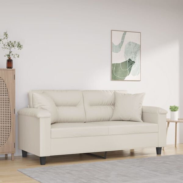 vidaXL 2-osobowa sofa z poduszkami, kremowa, 140 cm, sztuczna sk&oacute;ra