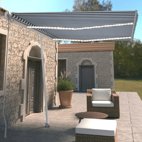 vidaXL Ręcznie zwijana markiza z LED, 350 x 250 cm, niebiesko-biała