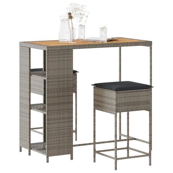 vidaXL 3-cz. ogrodowy zestaw mebli barowych, poduszki, szary rattan PE