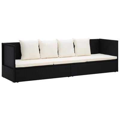vidaXL Sofa ogrodowa z poduszkami, polirattan, czarna