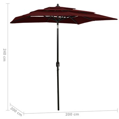 vidaXL 3-poziomowy parasol na aluminiowym słupku, bordowy, 2x2 m