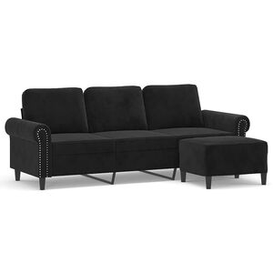 vidaXL 3-osobowa sofa z podn&oacute;żkiem, czarna, 180 cm, aksamit