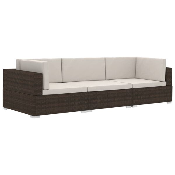 vidaXL 3-częściowa sofa do ogrodu, z poduszkami, polirattan, brązowa