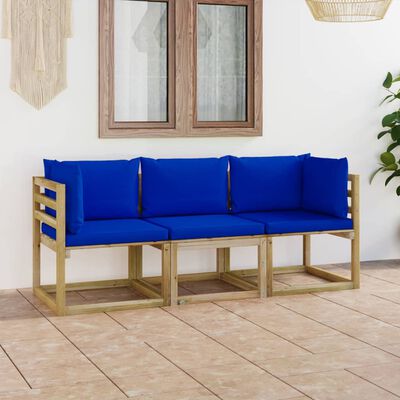 vidaXL 3-os. sofa ogrodowa z niebieskimi poduszkami