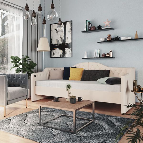 vidaXL Rama ł&oacute;żka, USB, kremowa, obita tkaniną, 90x200 cm