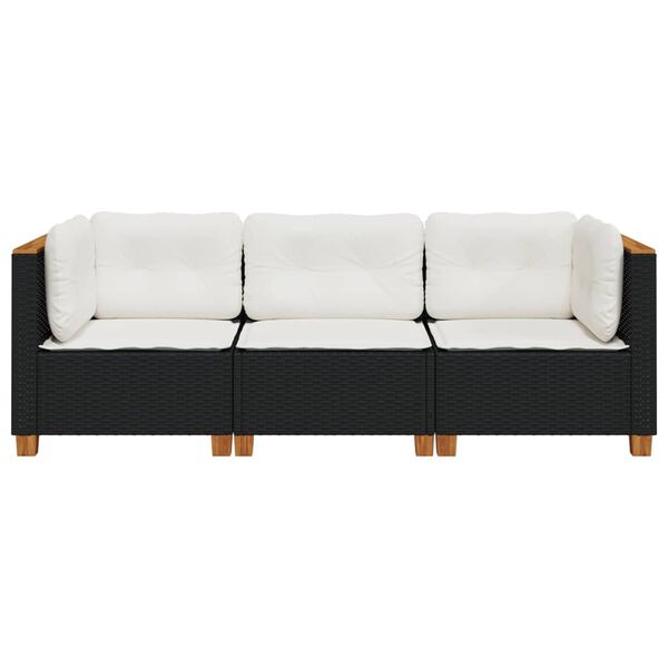 vidaXL Sofa ogrodowa z poduszkami, 3-osobowa, czarna, polirattan