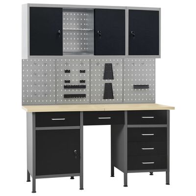 vidaXL Stół roboczy z 4 panelami ściennymi i 2 szafkami
