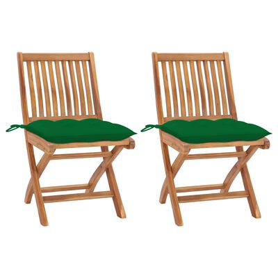 vidaXL Krzesła ogrodowe, 2 szt., zielone poduszki, lite drewno tekowe