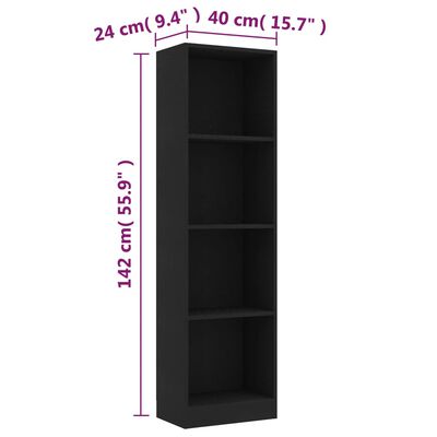 vidaXL 4-poziomowy regał na książki, czarny, 40 x 24 x 142 cm