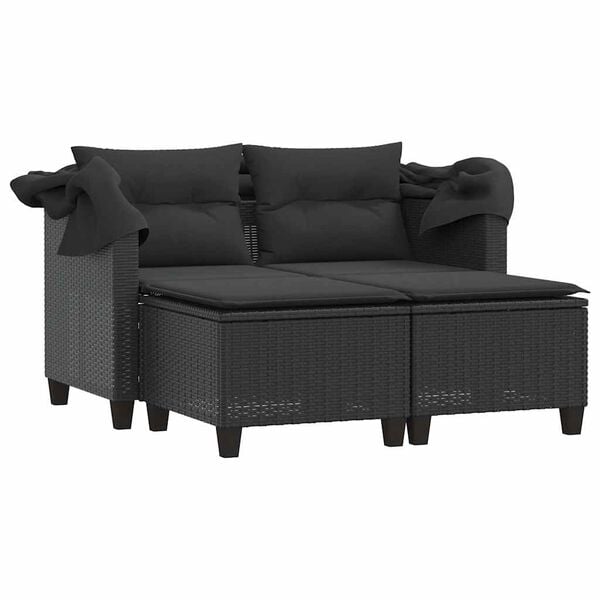 vidaXL 2-os. sofa ogrodowa z daszkiem i podn&oacute;żkami, czarna, rattan PE