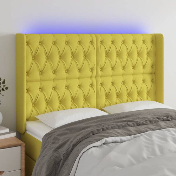 vidaXL Zagł&oacute;wek do ł&oacute;żka z LED, zielony, 147x16x118/128 cm, tkanina