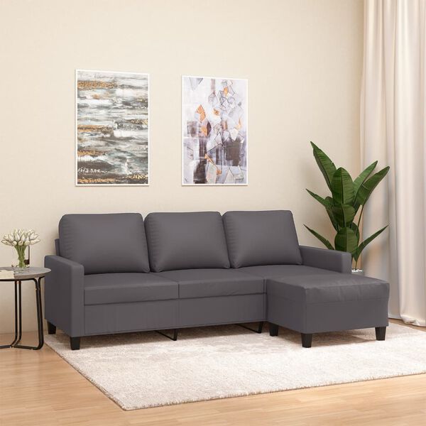 vidaXL 3-osobowa sofa z podn&oacute;żkiem, szary, 180 cm, sztuczna sk&oacute;ra
