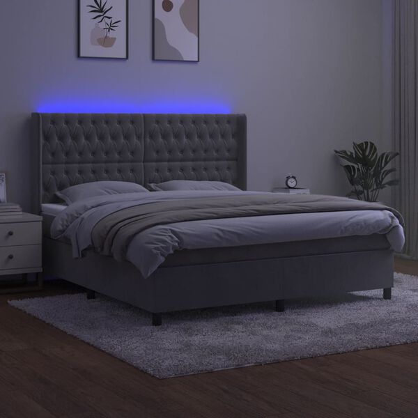 vidaXL Łóżko kontynentalne z materacem i LED, szare 180x200cm, aksamit